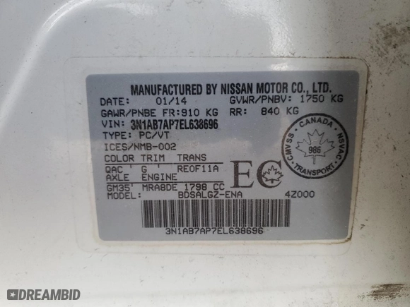 2014 Nissan Sentra S with VIN 3N1AB7AP7EL638696, listed as a Copart auction lot 49591315 with 142,282 mi miles and Salvage Title. Bid and sale history available at carsss.com. Image 13.