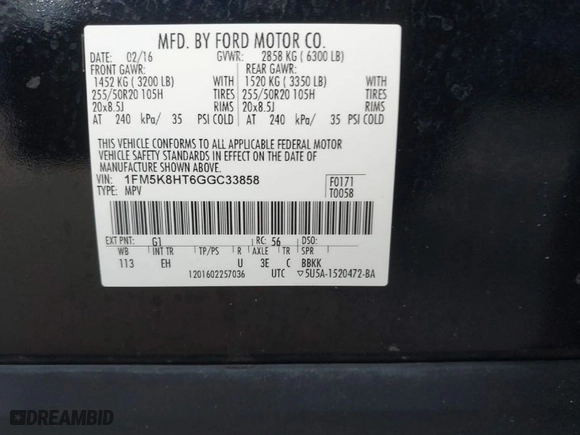 2016 Ford Explorer Platinum with VIN 1FM5K8HT6GGC33858, listed as a IAAI auction lot 41504139 with 133,811 mi miles. Bid and sale history available at carsss.com. Image 9.