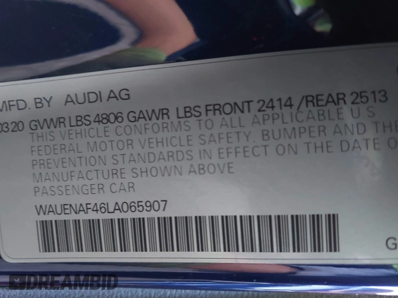 2020 Audi A4 Premium Plus with VIN WAUENAF46LA065907, listed as a IAAI auction lot 41647397 with 40,605 mi miles and . Bid and sale history available at DreamBid. Image 9.