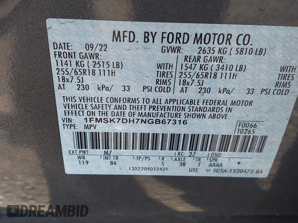 2022 Ford Explorer XLT с VIN 1FMSK7DH7NGB67316, выставлен на аукционе IAAI как лот 42144069 с пробегом 59 642 миль миль и . История ставок и продаж доступна на DreamBid. Изображение 9.