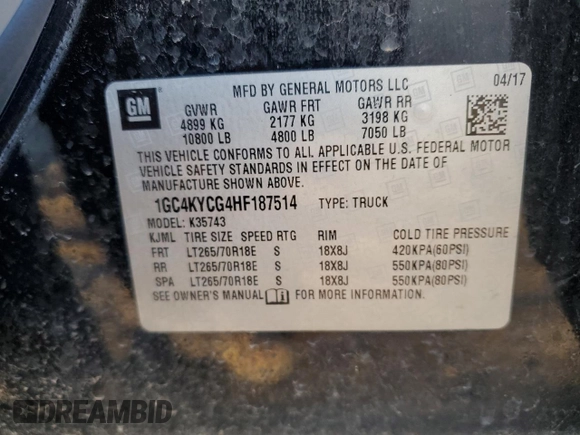2017 Chevrolet Silverado 3500HD Work Truck with VIN 1GC4KYCG4HF187514, listed as a Copart auction lot 50652095 with 129,462 mi miles and Salvage Title. Bid and sale history available at carsss.com. Image 12.