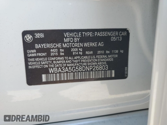 2013 BMW 3 Series 328i z VIN WBA3A5G58DNP26803, wystawiony jako Copart lot #57305995 z przebiegiem 106 590 mil mil oraz Szkoda całkowita • Salvage title. Historia ofert i sprzedaży dostępna na DreamBid. Obrazek 13.