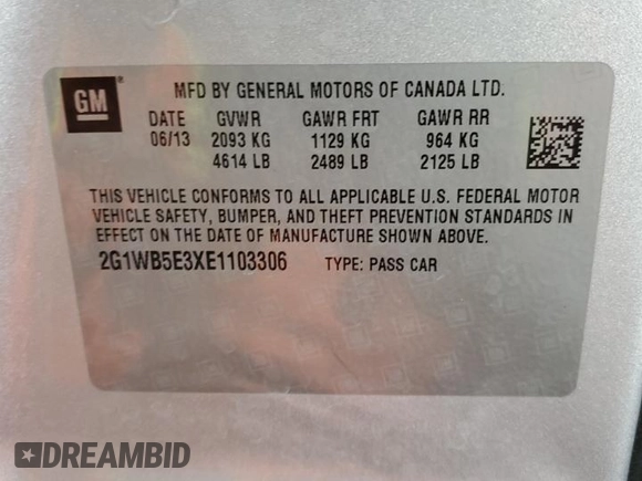 2014 Chevrolet Impala LT with VIN 2G1WB5E3XE1103306, listed as a Copart auction lot 63231005 with 163,901 mi miles and Salvage title. Bid and sale history available at DreamBid. Image 12.