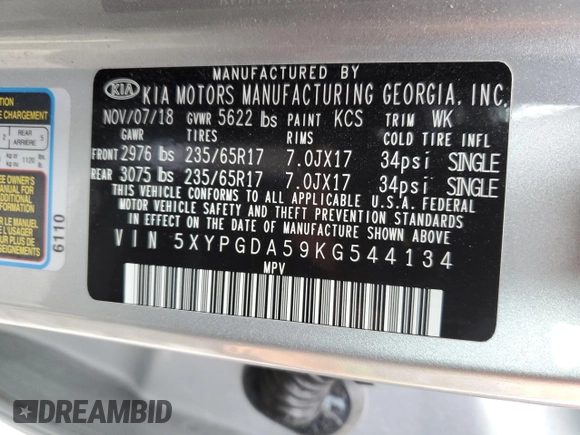 2019 Kia Sorento LX with VIN 5XYPGDA59KG544134, listed as a Copart auction lot 50626655 with 84,357 mi miles and Salvage Title. Bid and sale history available at DreamBid. Image 15.