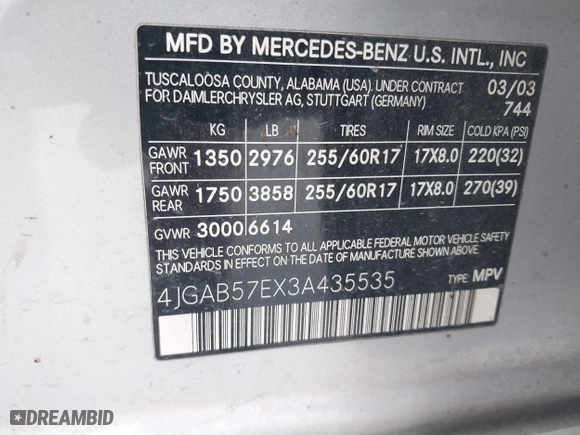 2003 Mercedes-Benz M-Class 3.7L with VIN 4JGAB57EX3A435535, listed as a IAAI auction lot 42099551 with 205,226 mi miles. Bid and sale history available at carsss.com. Image 9.