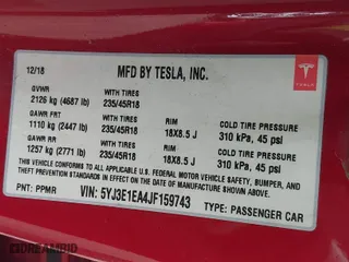 2018 Tesla Model 3 Long Range Battery with VIN 5YJ3E1EA4JF159743, listed as a IAAI auction lot 40839991 with 117,039 mi miles. Bid and sale history available at carsss.com. Image 9.