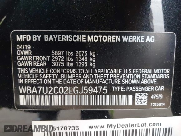2020 BMW 7 Series 750i xDrive with VIN WBA7U2C02LGJ59475, listed as a IAAI auction lot 41975021 with 52,818 mi miles and . Bid and sale history available at carsss.com. Image 9.
