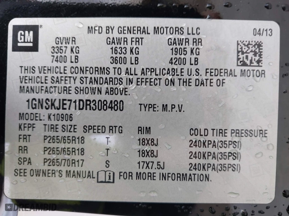 2013 Chevrolet Suburban LT with VIN 1GNSKJE71DR308480, listed as a IAAI auction lot 41695090 with 129,000 mi miles. Bid and sale history available at carsss.com. Image 9.