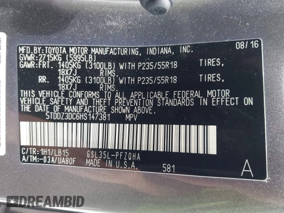 2017 Toyota Sienna XLE z VIN 5TDDZ3DC6HS147381, wystawiony jako IAAI lot #42340349 z przebiegiem 137 246 mil mil oraz . Historia ofert i sprzedaży dostępna na DreamBid. Obrazek 9.
