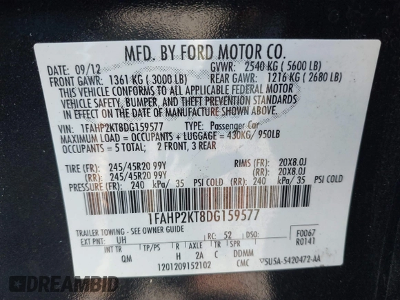 2013 Ford Taurus SHO с VIN 1FAHP2KT8DG159577, выставлен на аукционе IAAI как лот 41107630 с пробегом 90 865 миль миль и . История ставок и продаж доступна на DreamBid. Изображение 9.