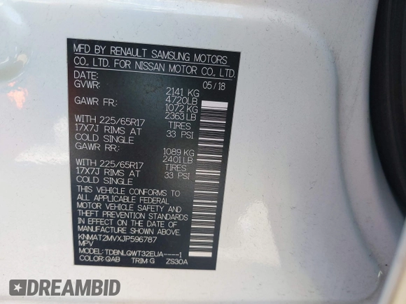 2018 Nissan Rogue SV with VIN KNMAT2MVXJP596787, listed as a IAAI auction lot 41830629 with 98,179 mi miles. Bid and sale history available at carsss.com. Image 9.