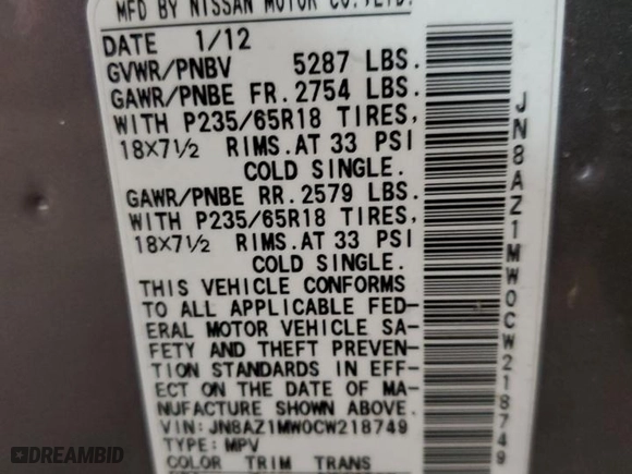 2012 Nissan Murano LE with VIN JN8AZ1MW0CW218749, listed as a Copart auction lot 88543305 with 106,707 mi miles and Salvage Title. Bid and sale history available at carsss.com. Image 16.