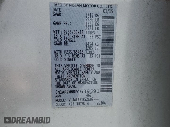 2015 Nissan Pathfinder S с VIN 5N1AR2MN0FC639591, выставлен на аукционе Copart как лот 60993445 с пробегом 97 202 миль миль и Чистый • Clean title. История ставок и продаж доступна на DreamBid. Изображение 13.