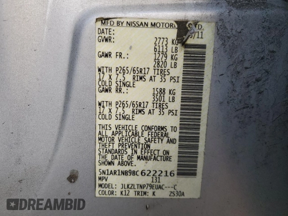 2011 Nissan Pathfinder LE z VIN 5N1AR1NB9BC622216, wystawiony jako Copart lot #50029145 z przebiegiem 150 896 mil mil oraz Szkoda całkowita • Salvage title. Historia ofert i sprzedaży dostępna na DreamBid. Obrazek 15.