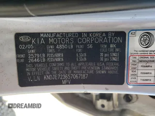 2005 Kia Sportage LX with VIN KNDJE723657067187, listed as a Copart auction lot 57403525 with 228,648 mi miles and Clean title. Bid and sale history available at DreamBid. Image 13.