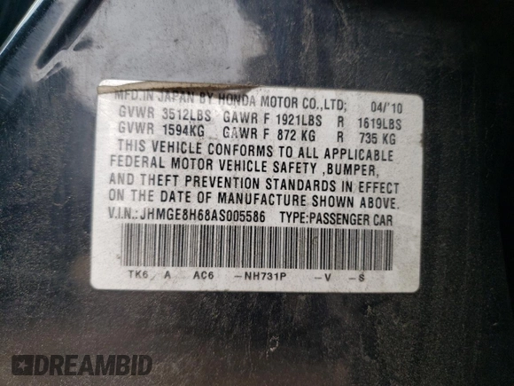 2010 Honda Fit Sport with VIN JHMGE8H68AS005586, listed as a Copart auction lot 57582755 with 109,872 mi miles and Salvage title. Bid and sale history available at DreamBid. Image 12.