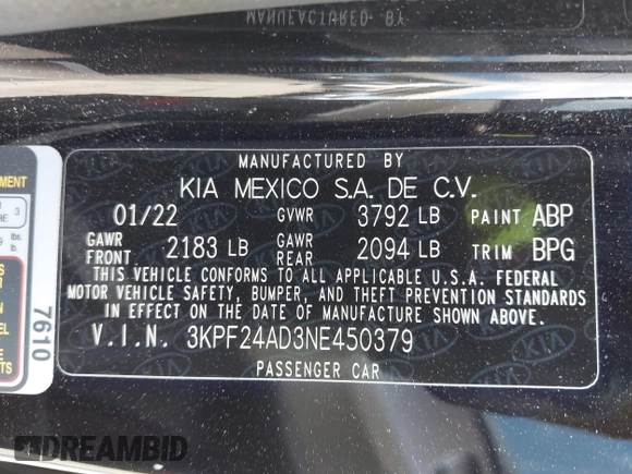 2022 Kia Forte LXS with VIN 3KPF24AD3NE450379, listed as a IAAI auction lot 42014796 with 109,296 mi miles. Bid and sale history available at carsss.com. Image 9.