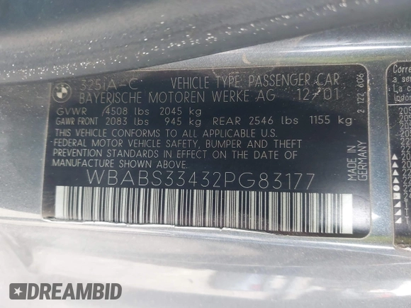 2002 BMW 3 Series 325Ci with VIN WBABS33432PG83177, listed as a IAAI auction lot 41581847 with 152,524 mi miles and . Bid and sale history available at DreamBid. Image 9.