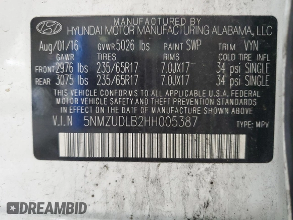 2017 Hyundai Santa Fe 2.4L with VIN 5NMZUDLB2HH005387, listed as a Copart auction lot 64592535 with 82,742 mi miles and Salvage title. Bid and sale history available at DreamBid. Image 13.