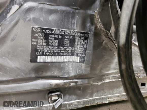 2019 Hyundai Santa Fe Ultimate with VIN 5NMS5CAD2KH135223, listed as a Copart auction lot 52534625 with 93,048 mi miles and Salvage Title. Bid and sale history available at DreamBid. Image 15.