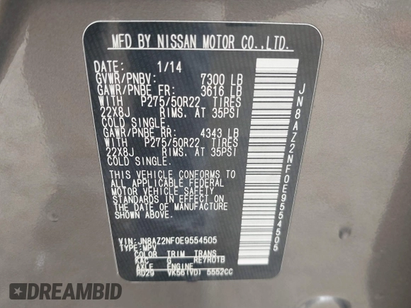 2014 Infiniti QX80 z VIN JN8AZ2NF0E9554505, wystawiony jako IAAI lot #41528486 z przebiegiem 146 311 mil mil oraz . Historia ofert i sprzedaży dostępna na DreamBid. Obrazek 9.