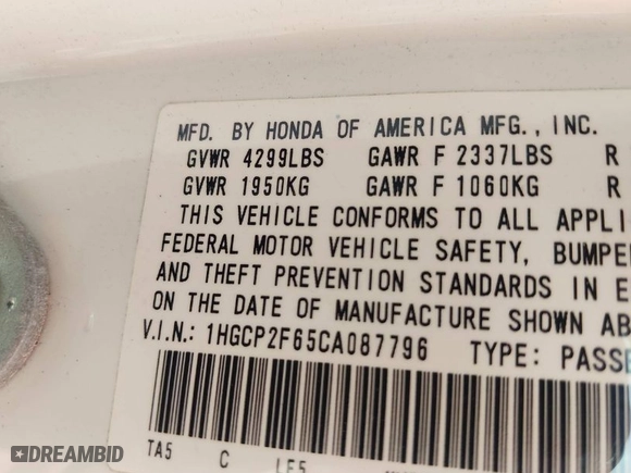 2012 Honda Accord Sdn SE with VIN 1HGCP2F65CA087796, listed as a IAAI auction lot 42021553 with 252,639 mi miles. Bid and sale history available at carsss.com. Image 9.