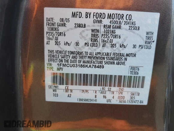 2006 Ford Escape XLT z VIN 1FMCU03186KA78489, wystawiony jako Copart lot #55412325 z przebiegiem 144 243 mil mil oraz Szkoda całkowita • Salvage title. Historia ofert i sprzedaży dostępna na DreamBid. Obrazek 13.