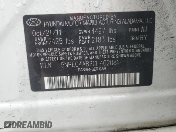 2012 Hyundai Sonata Limited with VIN 5NPEC4AB2CH402081, listed as a Copart auction lot 44900615 with 146,239 mi miles and Clean Title. Bid and sale history available at DreamBid. Image 12.