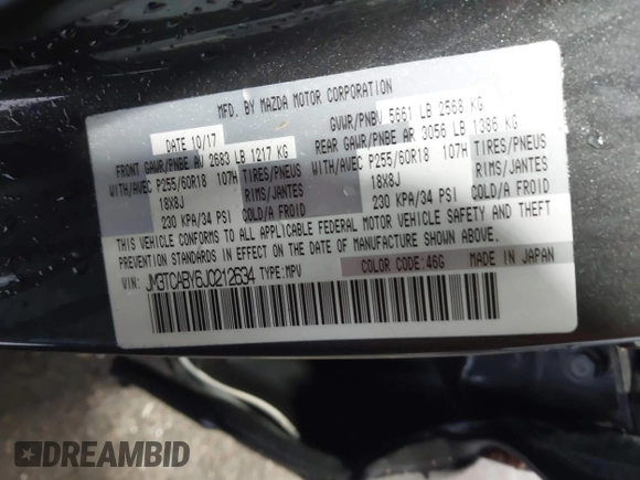 2018 Mazda CX-9 Sport z VIN JM3TCABY6J0212634, wystawiony jako IAAI lot #41187204 z przebiegiem 44 529 mil mil oraz . Historia ofert i sprzedaży dostępna na DreamBid. Obrazek 9.