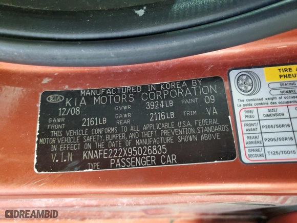 2009 Kia Spectra LX with VIN KNAFE222X95026835, listed as a Copart auction lot 49629745 with NaN miles and Salvage Title. Bid and sale history available at carsss.com. Image 12.