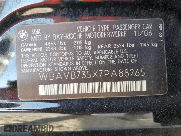 2007 BMW 3 Series 335i with VIN WBAVB735X7PA88265, listed as a Copart auction lot 43277035 with 73,385 mi miles and Clean Title. Bid and sale history available at carsss.com. Image 12.