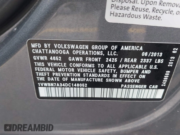 2013 Volkswagen Passat SE with VIN 1VWBN7A34DC148052, listed as a IAAI auction lot 42423919 with 83,634 mi miles and . Bid and sale history available at DreamBid. Image 9.