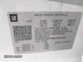 2021 Chevrolet Silverado 1500 Work Truck with VIN 1GCRYAEF0MZ210103, listed as a IAAI auction lot 41895696 with 80,098 mi miles and . Bid and sale history available at DreamBid. Image 9.