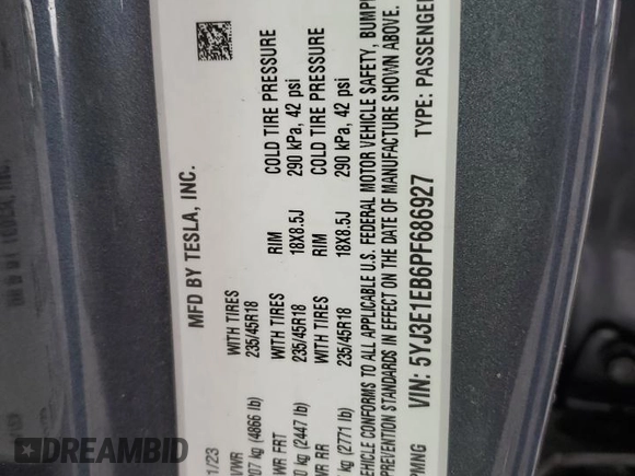 2023 Tesla Model 3 Long Range with VIN 5YJ3E1EB6PF686927, listed as a Copart auction lot 45602285 with 46,534 mi miles and Salvage Title. Bid and sale history available at DreamBid. Image 12.