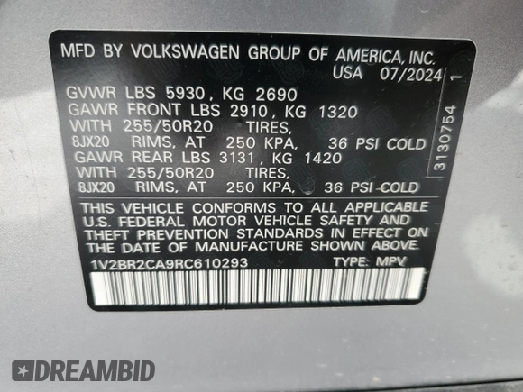 2024 Volkswagen Atlas SEL with VIN 1V2BR2CA9RC610293, listed as a Copart auction lot 50202415 with 4,378 mi miles and Salvage title. Bid and sale history available at DreamBid. Image 14.
