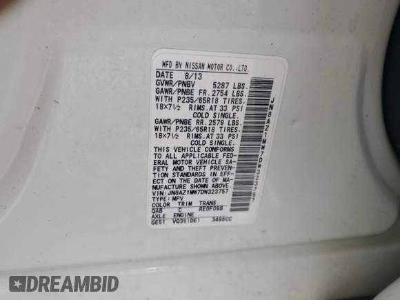 2013 Nissan Murano S with VIN JN8AZ1MW7DW323757, listed as a Copart auction lot 56728925 with 72,788 mi miles and Clean title. Bid and sale history available at DreamBid. Image 13.