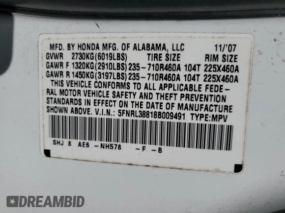 2008 Honda Odyssey Touring with VIN 5FNRL38818B009491, listed as a Copart auction lot 51048125 with 193,067 mi miles and Clean Title. Bid and sale history available at carsss.com. Image 13.