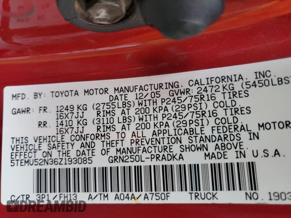 2006 Toyota Tacoma z VIN 5TEMU52N36Z193085, wystawiony jako Copart lot #53540995 z przebiegiem 219 963 mil mil oraz Szkoda całkowita • Salvage title. Historia ofert i sprzedaży dostępna na DreamBid. Obrazek 12.