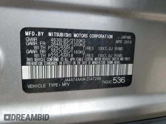 2019 Mitsubishi Eclipse Cross LE with VIN JA4AT4AA9KZ047286, listed as a Copart auction lot 56408985 with 146,272 mi miles and Salvage title. Bid and sale history available at DreamBid. Image 13.