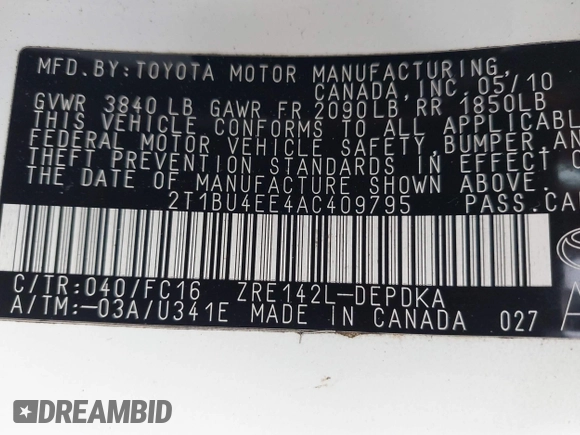 2010 Toyota Corolla z VIN 2T1BU4EE4AC409795, wystawiony jako IAAI lot #41746553 z przebiegiem 138 568 mil mil oraz . Historia ofert i sprzedaży dostępna na DreamBid. Obrazek 9.