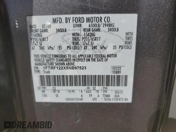 2005 Ford F-150 XL with VIN 1FTRF122X5NB97523, listed as a Copart auction lot 47263215 with 220,777 mi miles and Salvage Title. Bid and sale history available at carsss.com. Image 12.