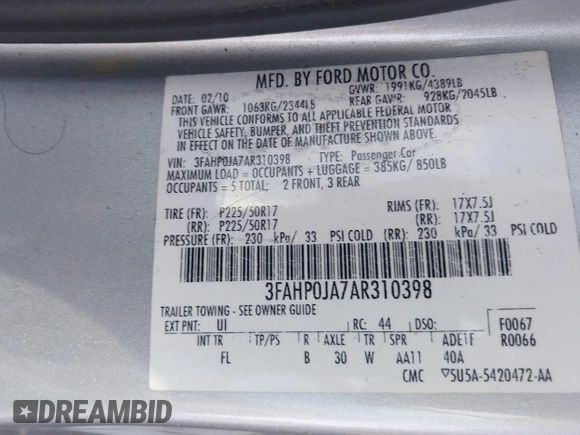 2010 Ford Fusion SEL with VIN 3FAHP0JA7AR310398, listed as a IAAI auction lot 42153180 with 191,762 mi miles and . Bid and sale history available at DreamBid. Image 9.