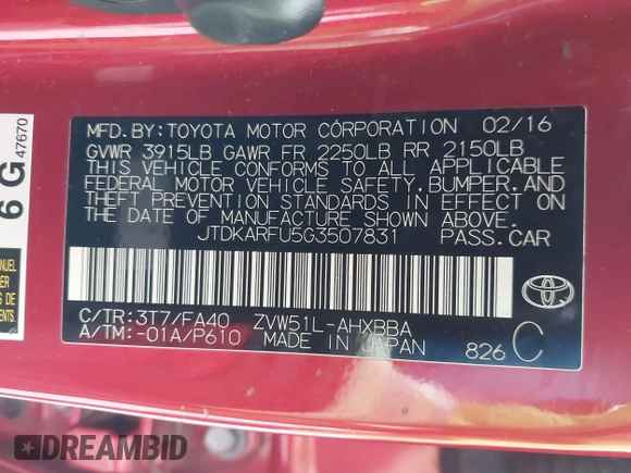2016 Toyota Prius Four z VIN JTDKARFU5G3507831, wystawiony jako IAAI lot #41621652 z przebiegiem 76 024 mil mil oraz . Historia ofert i sprzedaży dostępna na DreamBid. Obrazek 9.