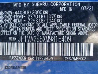 2021 Subaru WRX STI with VIN JF1VA2S6XM9815409, listed as a IAAI auction lot 41413955 with 18,077 mi miles. Bid and sale history available at carsss.com. Image 9.