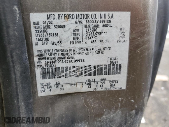 2002 Ford F-250 XL with VIN 1FTNF21L42EC09918, listed as a Copart auction lot 47365425 with 169,115 mi miles and Salvage title. Bid and sale history available at DreamBid. Image 12.