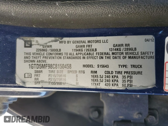 2012 GMC Canyon SLE1 with VIN 1GTD5MF98C8150458, listed as a Copart auction lot 52250445 with 63,100 mi miles and Salvage Title. Bid and sale history available at carsss.com. Image 13.