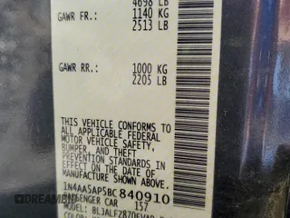 2011 Nissan Maxima SV with VIN 1N4AA5AP5BC840910, listed as a Copart auction lot 54042515 with Not provided miles and Salvage title. Bid and sale history available at DreamBid. Image 13.