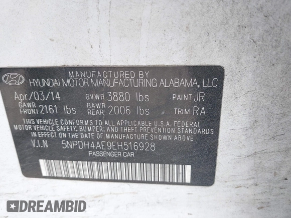 2014 Hyundai Elantra SE with VIN 5NPDH4AE9EH516928, listed as a IAAI auction lot 42068097 with 156,427 mi miles and . Bid and sale history available at DreamBid. Image 9.