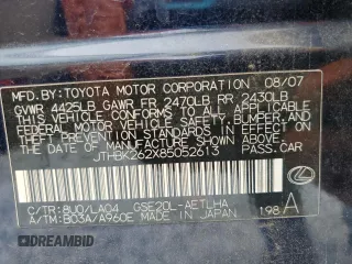 2008 Lexus IS 250 with VIN JTHBK262X85052613, listed as a Copart auction lot 60151025 with 355,990 mi miles and Salvage title. Bid and sale history available at DreamBid. Image 12.