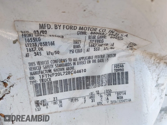 2002 Ford F-250 XL with VIN 1FTNF20L72EC64610, listed as a IAAI auction lot 41881896 with 87,870 mi miles and . Bid and sale history available at DreamBid. Image 9.